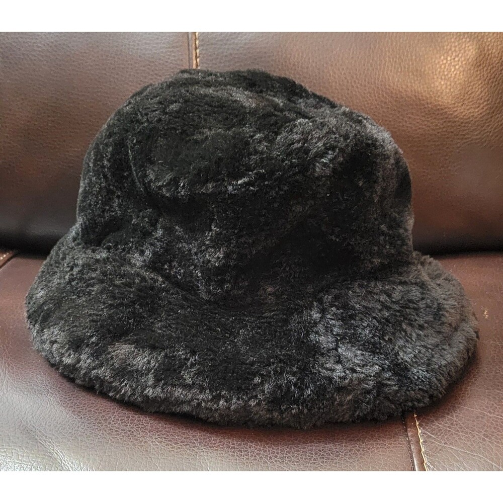 Black Faux Fur Bucket Hat Womens One Size Fuzzy Y2K Classic